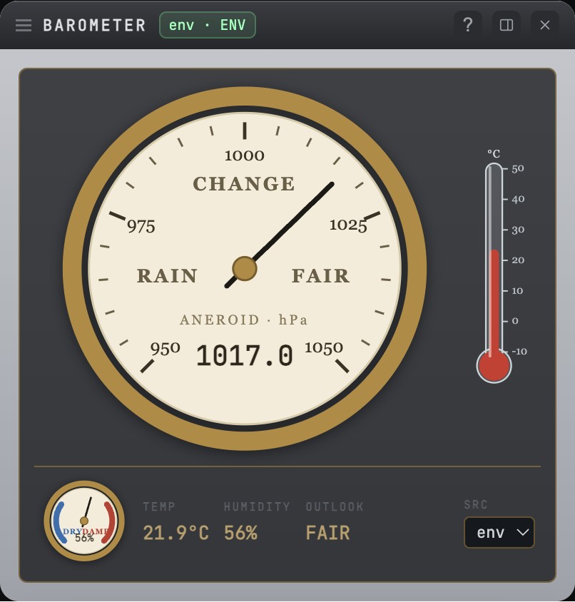 Barometer instrument with an aneroid dial, thermometer and humidity gauge